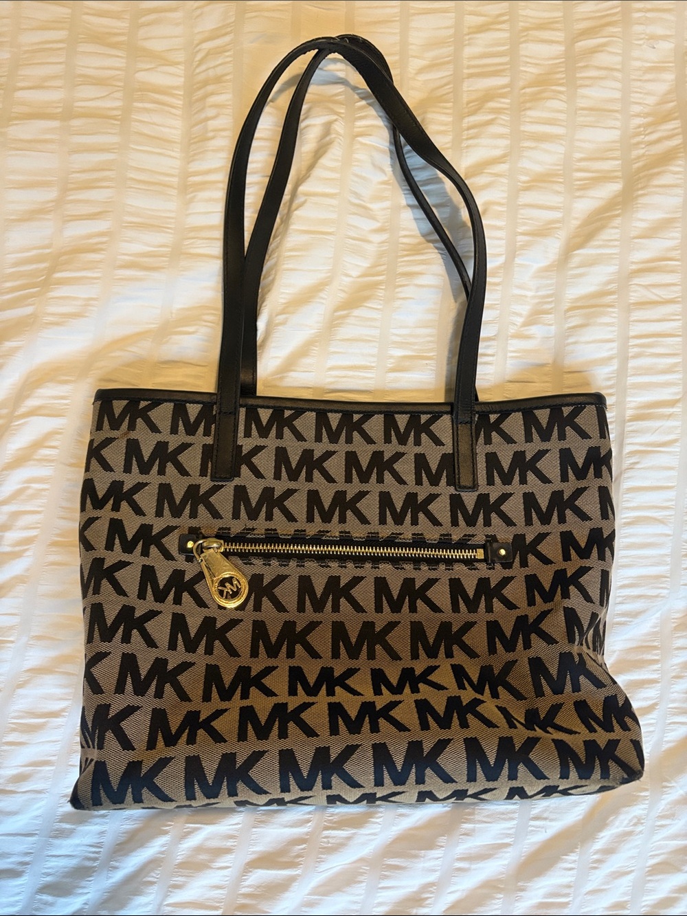 Michael Kors Beige and Black MK Signature Tote